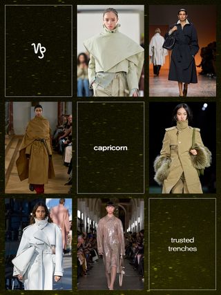 a collage showing the best fall trend for the zodiac sign Capricorn, with the trench coat trend shown on the runway of Eudon Choi, Bottega Veneta, Burberry, Tory Burch, Stella McCartney, Lovechild 1979