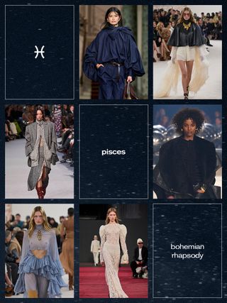 a collage showing the best fall trend for the zodiac sign Pisces, with the boho trend shown on the runway of Zimmermann, Chloé, Isabel Marant, Gabriela Hearst, Rabanne