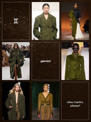 A collage showing the best fall trend for the zodiac sign Gemini with the olive green color trend shown on the runway of Remain, Bottega Veneta, Gucci, Saint Laurent, Ferragamo, and Chloé