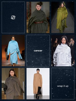 a collage showing the best fall trend for the zodiac sign cancer with the wrap coat, cape, and knit swaddle trend shown on the runway of Lovechild1979, Alberta Ferretti, Proenza Schouler, Tibi, The Garment, and Bottega Veneta