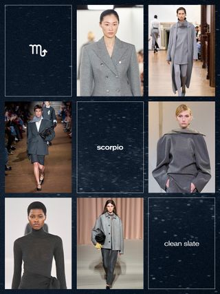 a collage showing the best fall trend for the Scorpio zodiac sign with the gray clothing trend shown in the runway shows of Michael Kors, Bevza, Carven, Philosophy di Lorenzo Serafini, Max Mara, and Miu Miu