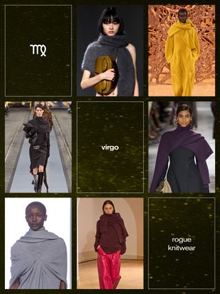 a collage showing the best fall trend for the Virgo zodiac sign with the rogue knitwear trend shown in the runway shows of 16Arlington, Ulla Johnson, Fendi, Aeron, Brandon Maxwell, and Tod's