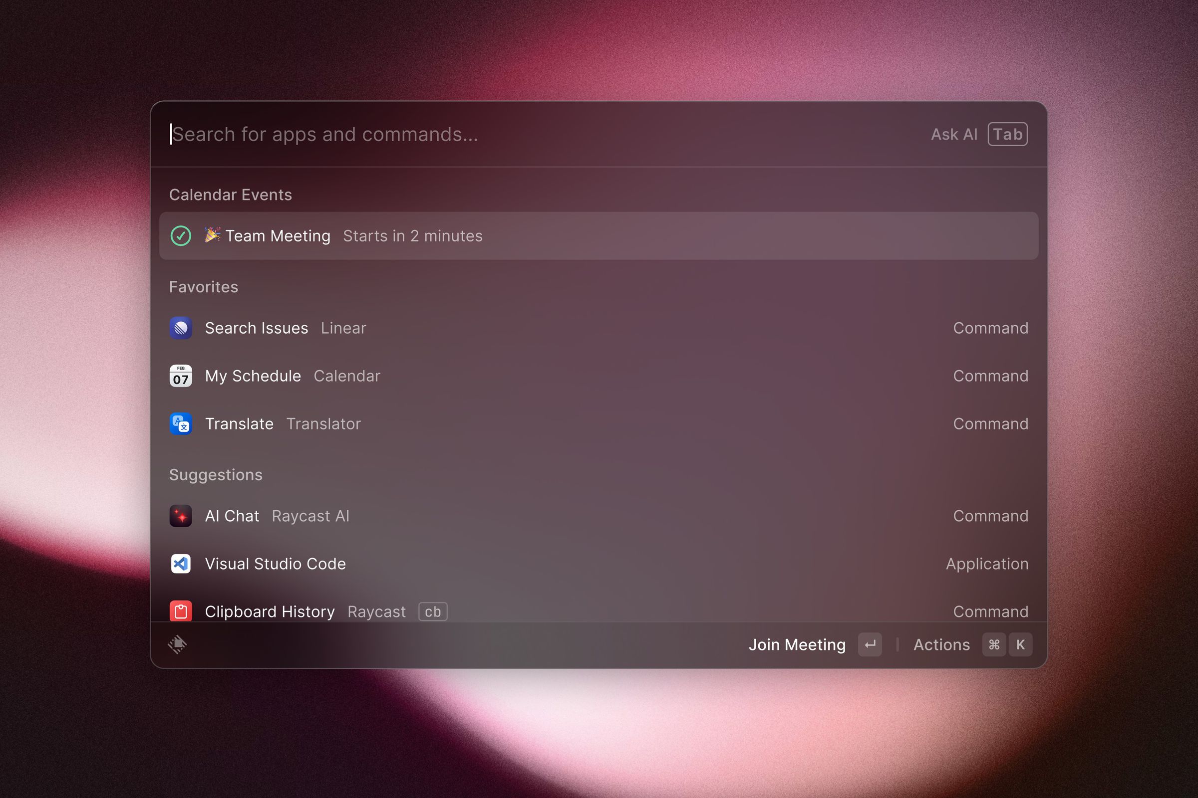 A screenshot of Raycast on a colorful background.