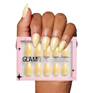 Glamnetic Press on Nails - Yellow Pop | Short Almond Pastel Yellow Nails With a Glaze Finish | 15 Sizes - 30 Nail Kit With Glue