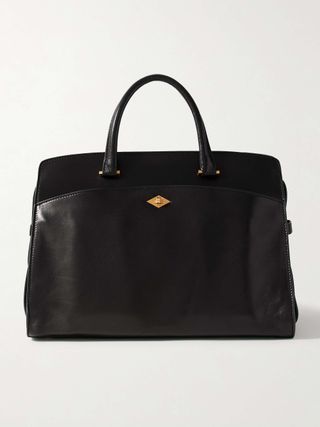 black leather tote bag with gold hardware