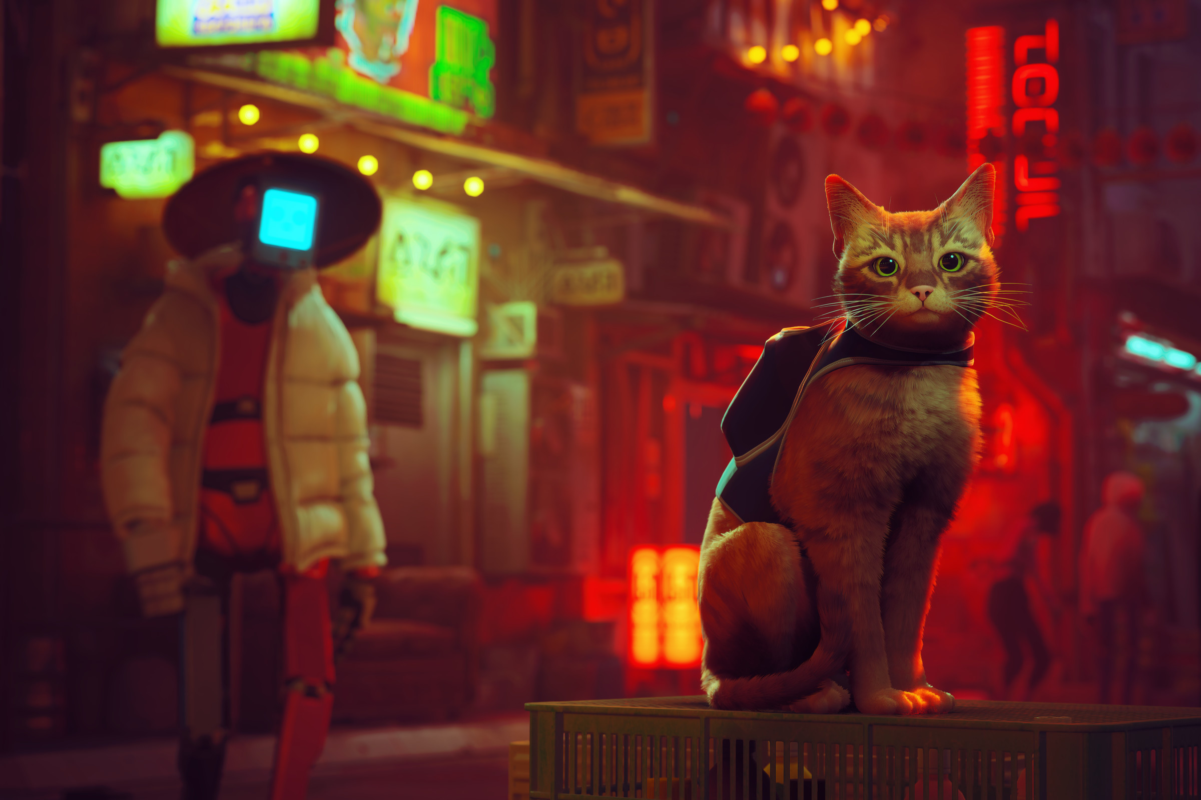 A ginger cat sits atop a crate in a dark neon robot street