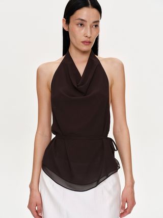 Backless Cowl Neck Top, Brown Chiffon