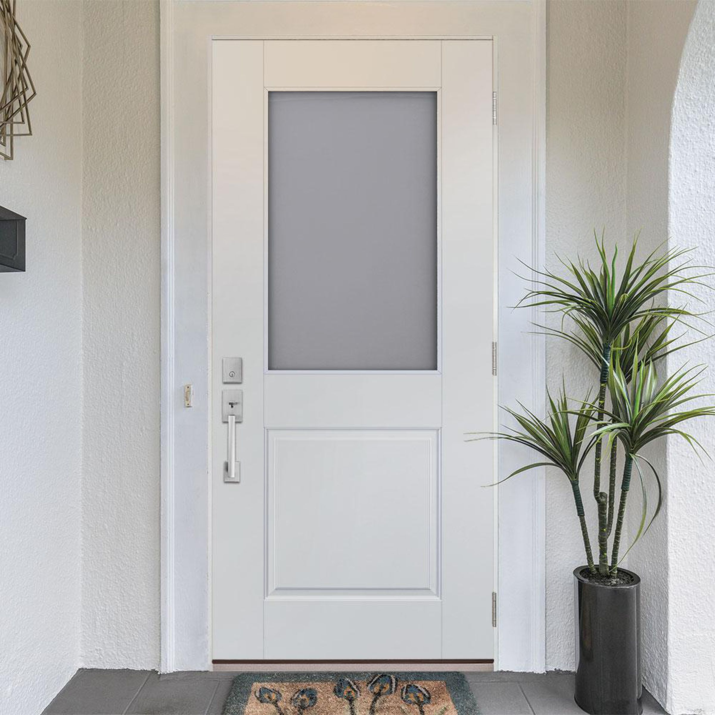 The smart glass door in half-lite. It doesn’t come with a door lock or handle; you need to supply your own.