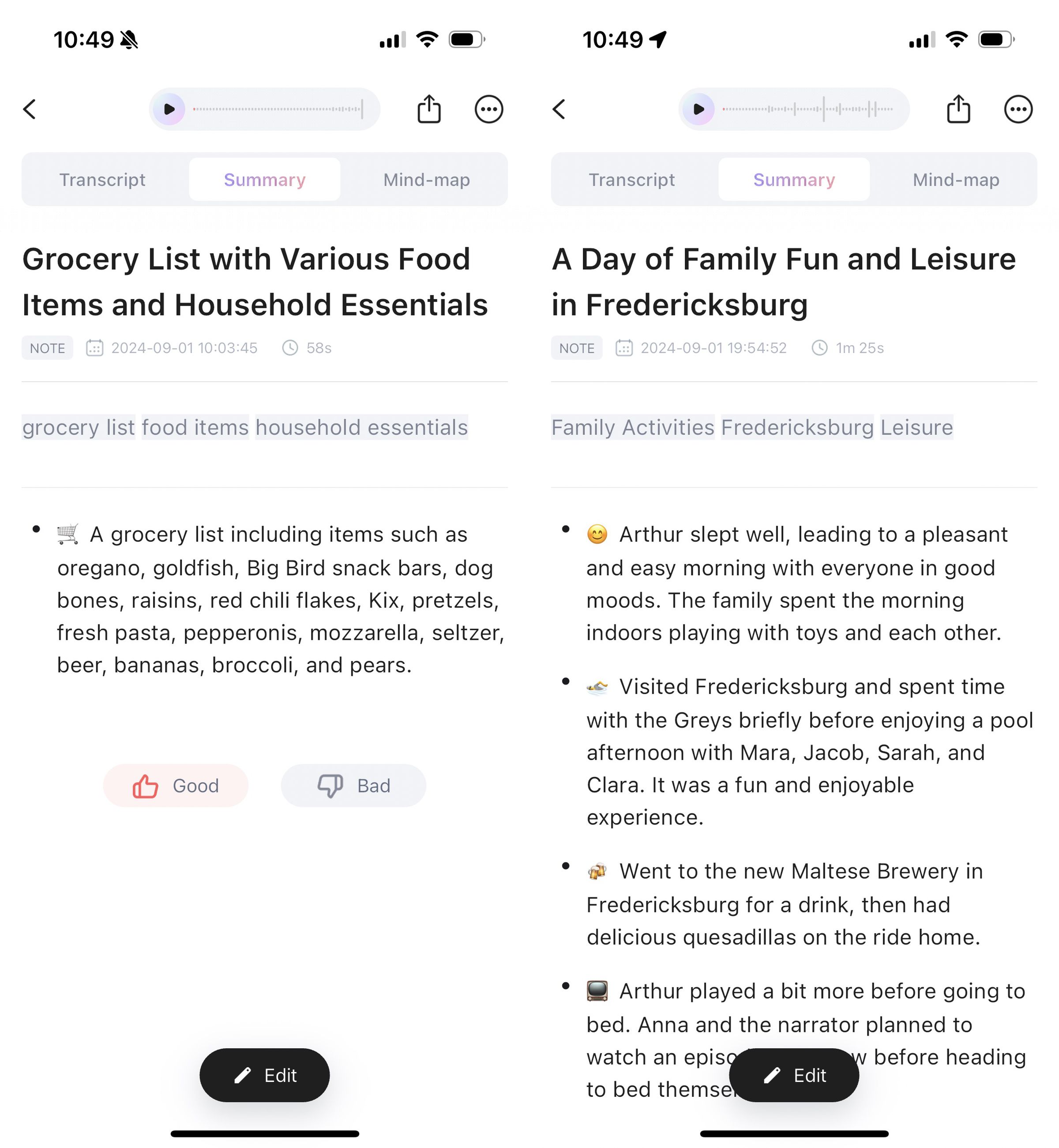 Two screenshots showing summarized text from a transcription in the Plaud app.