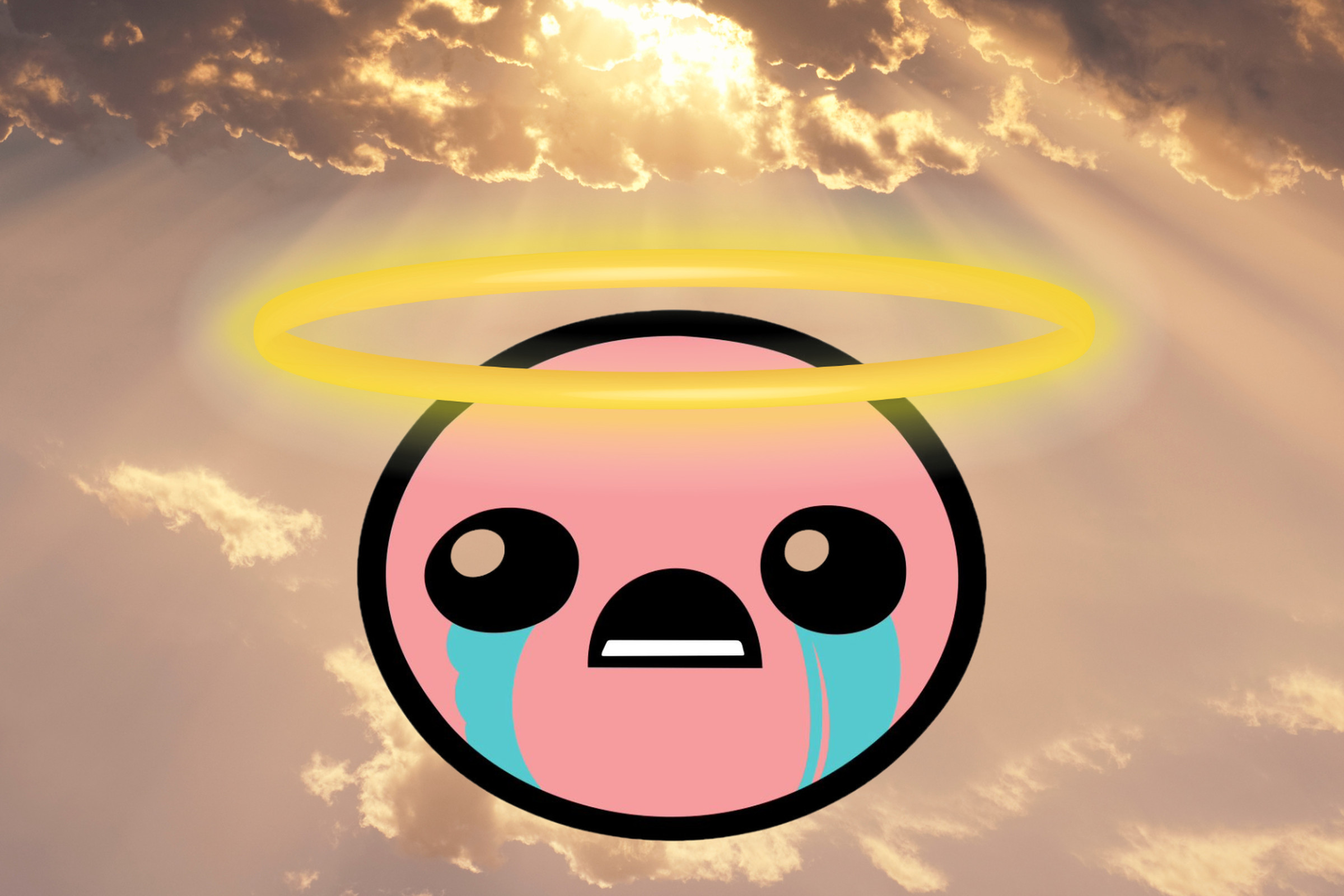 Graphic of the BibleThump emote ringed with a halo and ascending into the clouds.