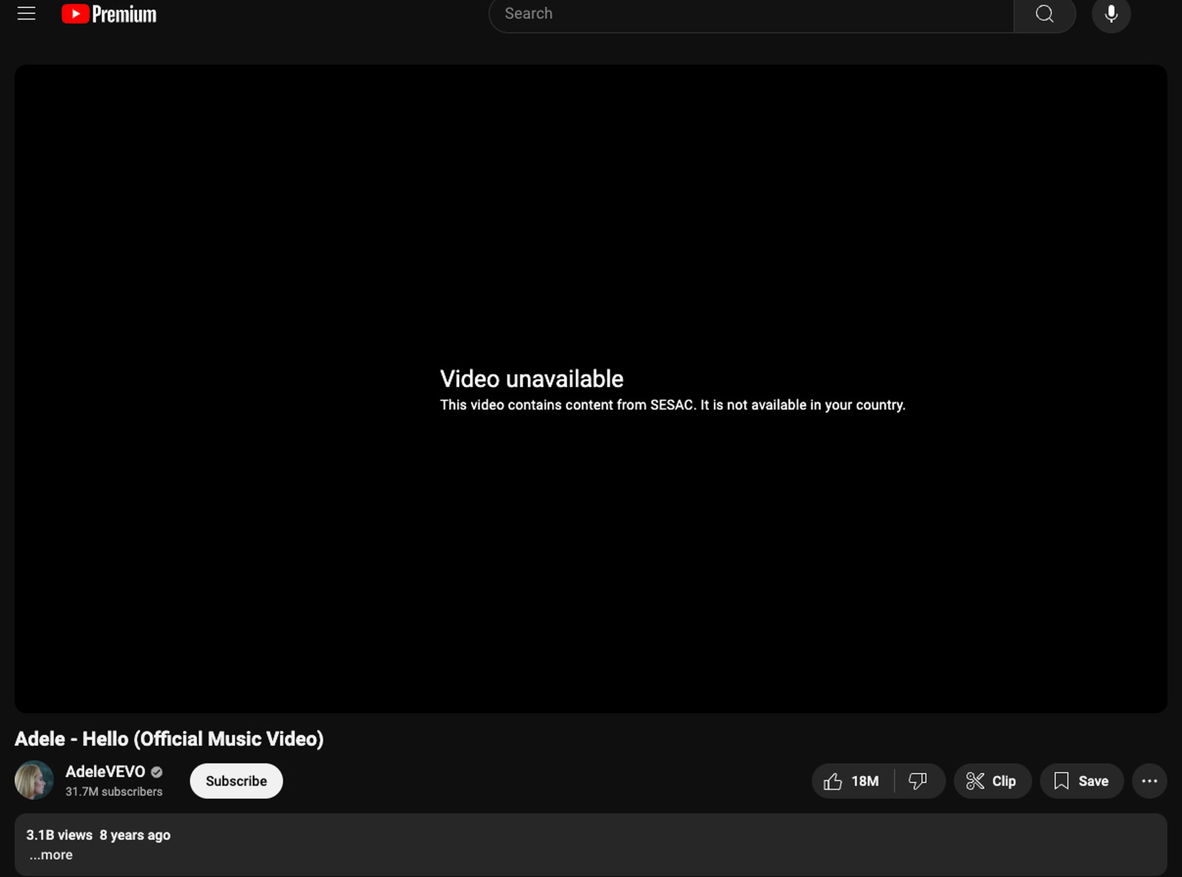 YouTube page for Adele’s song “Hello” showing the song is missing with a message that “This video contains content from SESAC. It is not available in your country.”