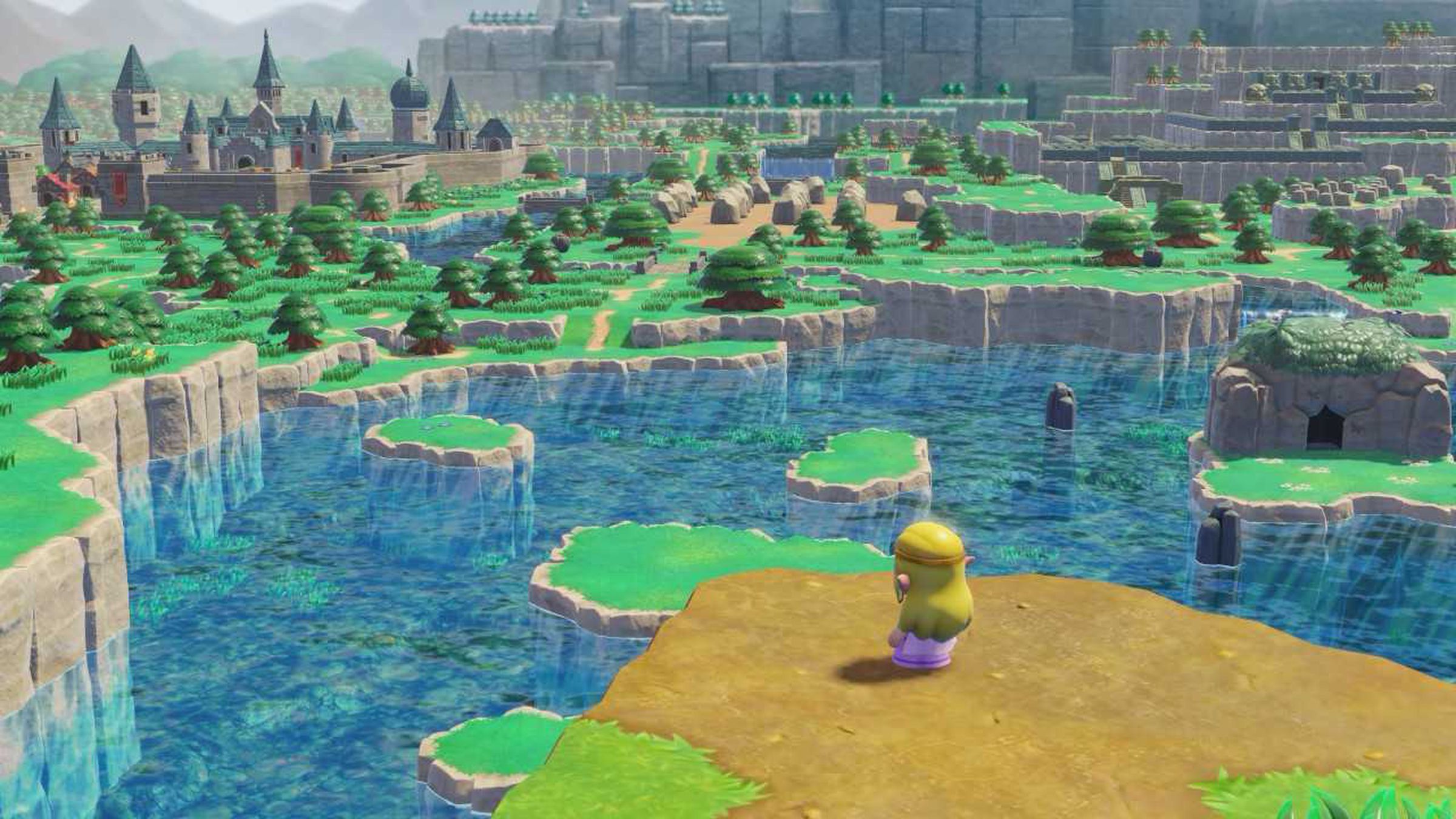 Screenshot from Echoes of Wisdom featuring Princess Zelda staring out over the whole of Hyrule.