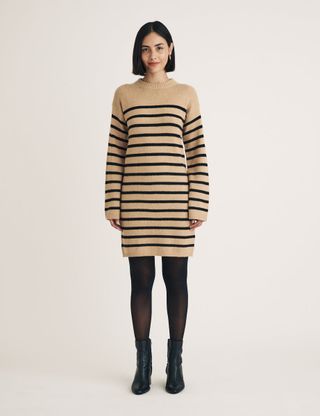 Beige Striped Knitted Mini Jumper Dress