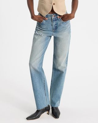 Express, High Waisted Medium Wash Ripped Raw Hem Straight Jeans