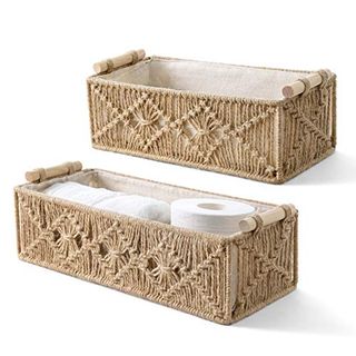 Mkono Macrame Storage Baskets Boho Decor Box Handmade Woven Decorative Countertop Toilet Tank Shelf Cabinet Organizer for Bedroom Livingroom Home, Set of 2, Brown