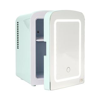 Paris Hilton Mini Refrigerator and Personal Beauty Fridge, Mirrored Door With Dimmable Led Light, Thermoelectric Cooling and Warming Function for All Cosmetics and Skincare Needs, 4-Liter, Aqua