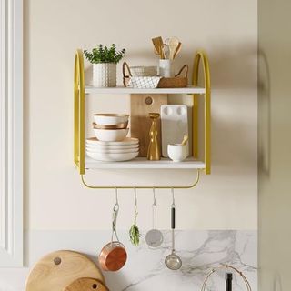 Bestier Kitchen Wall Shelves, 2 Tier Floating Shelves for Wall With Gold Metal Towel Bar and Hooks, Wall Shelf for Kitchen, Living Room, Bedroom, Bathroom, Modern White