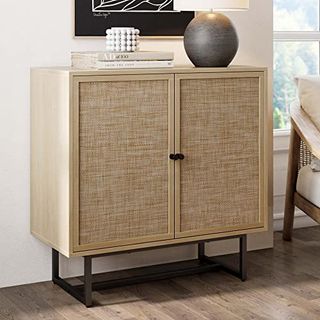 Nathan James Kova Accent Sideboard Storage Cabinet in Light Wood and Rattan With Metal Frame, Adjustable Shelves and Cane Doors, for Hallway, or Living Room, Light Oak/cane/black