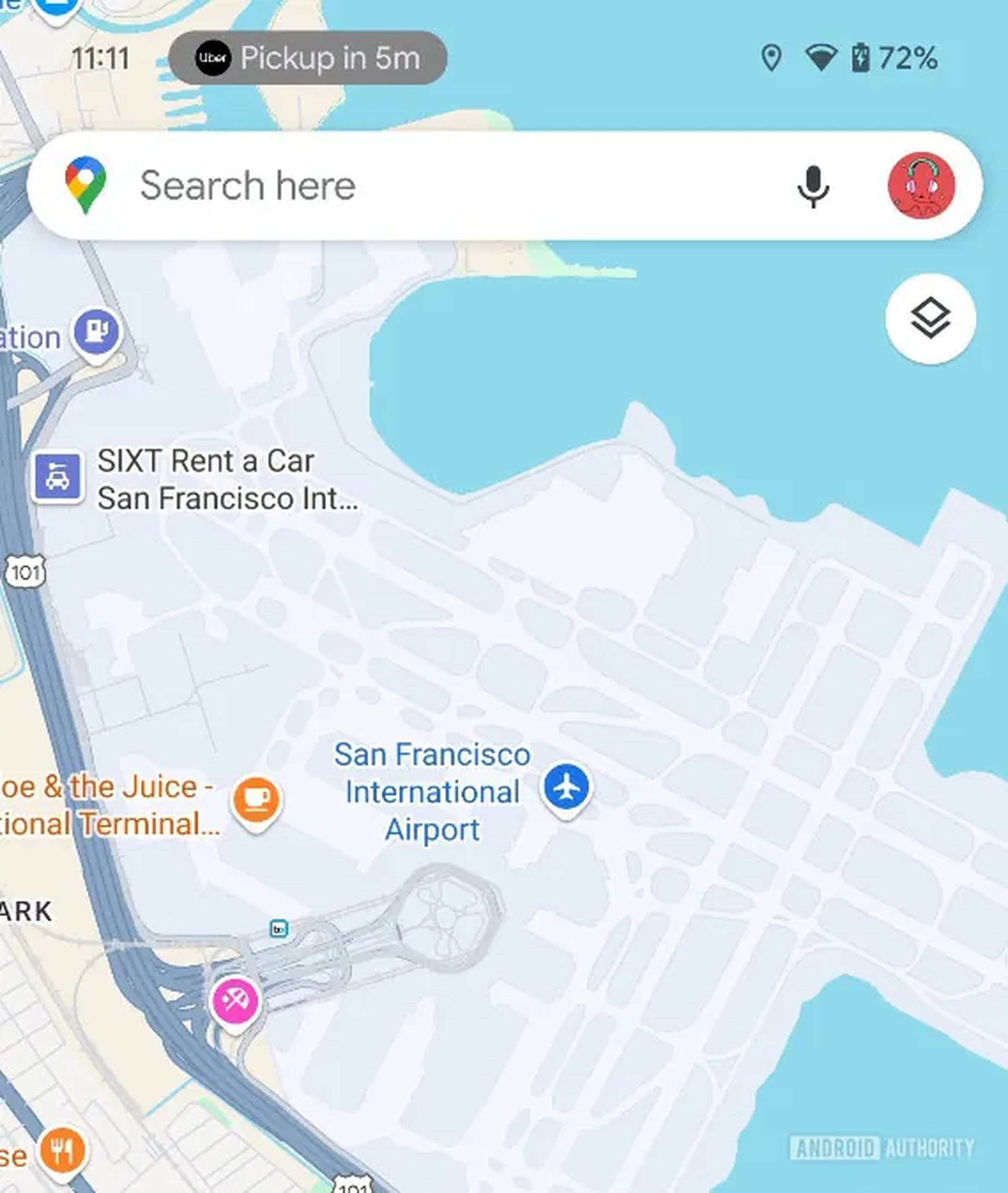 A screenshot showing an image of Google Maps, with a pill-shaped icon in the status bar that features a small Uber icon and the words, “Pickup in 5m.”