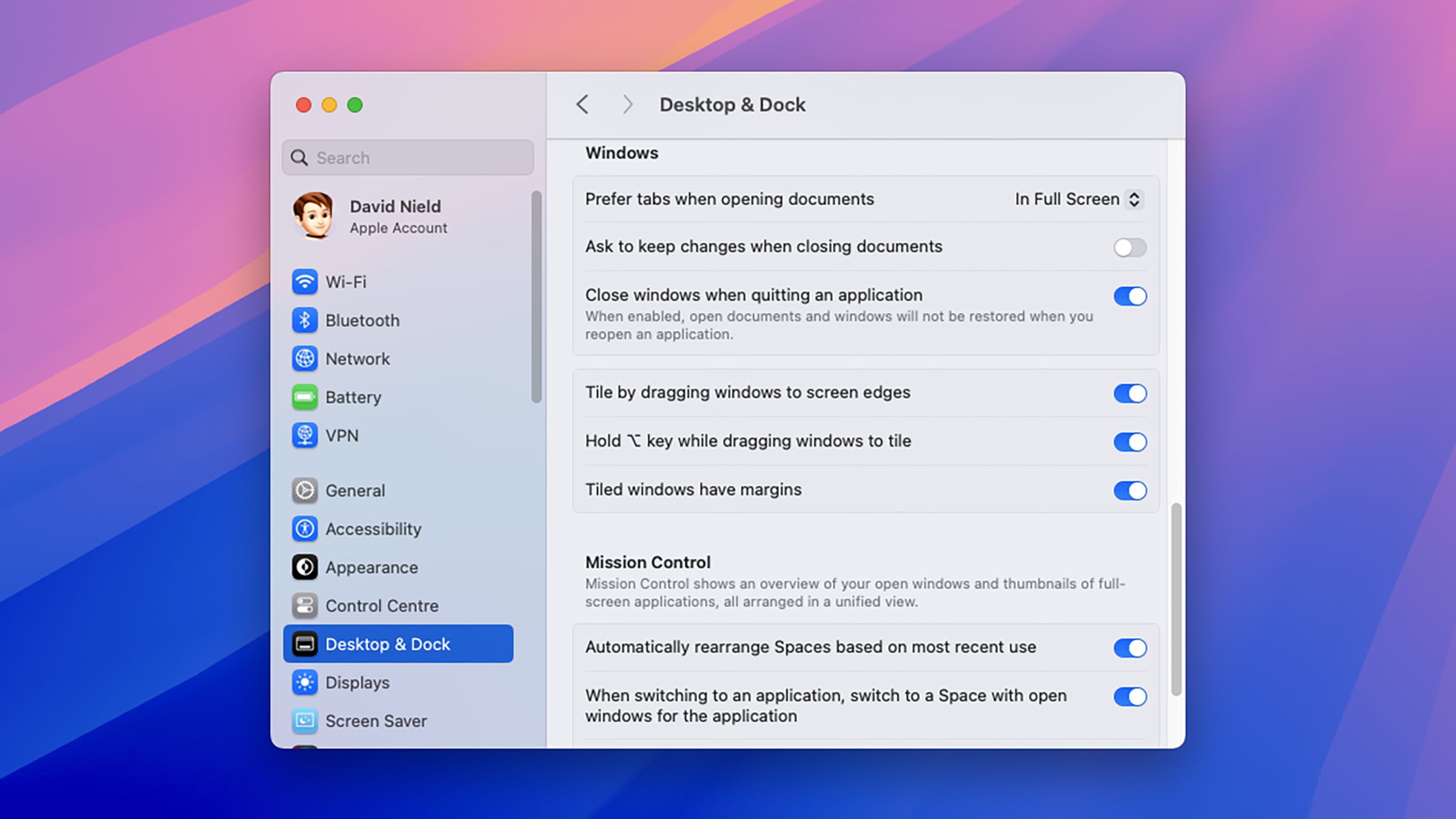 The Desktop &amp; Dock settings menu on a Mac