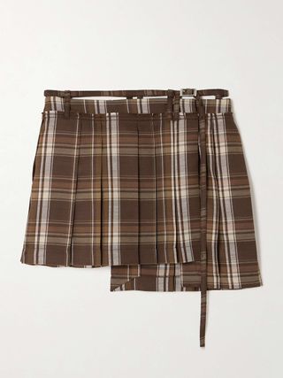 Belted Asymmetric Pleated Checked Wool-Blend Mini Skirt