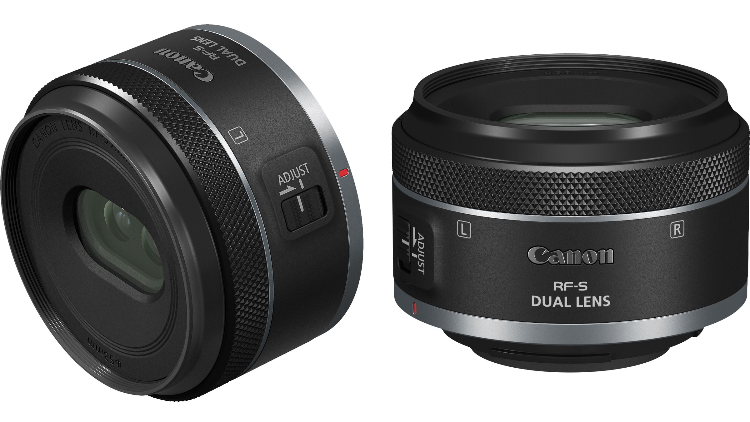 Two photos of Canon’s RF-S 7.8mm F4 STM Dual lens from different angles.