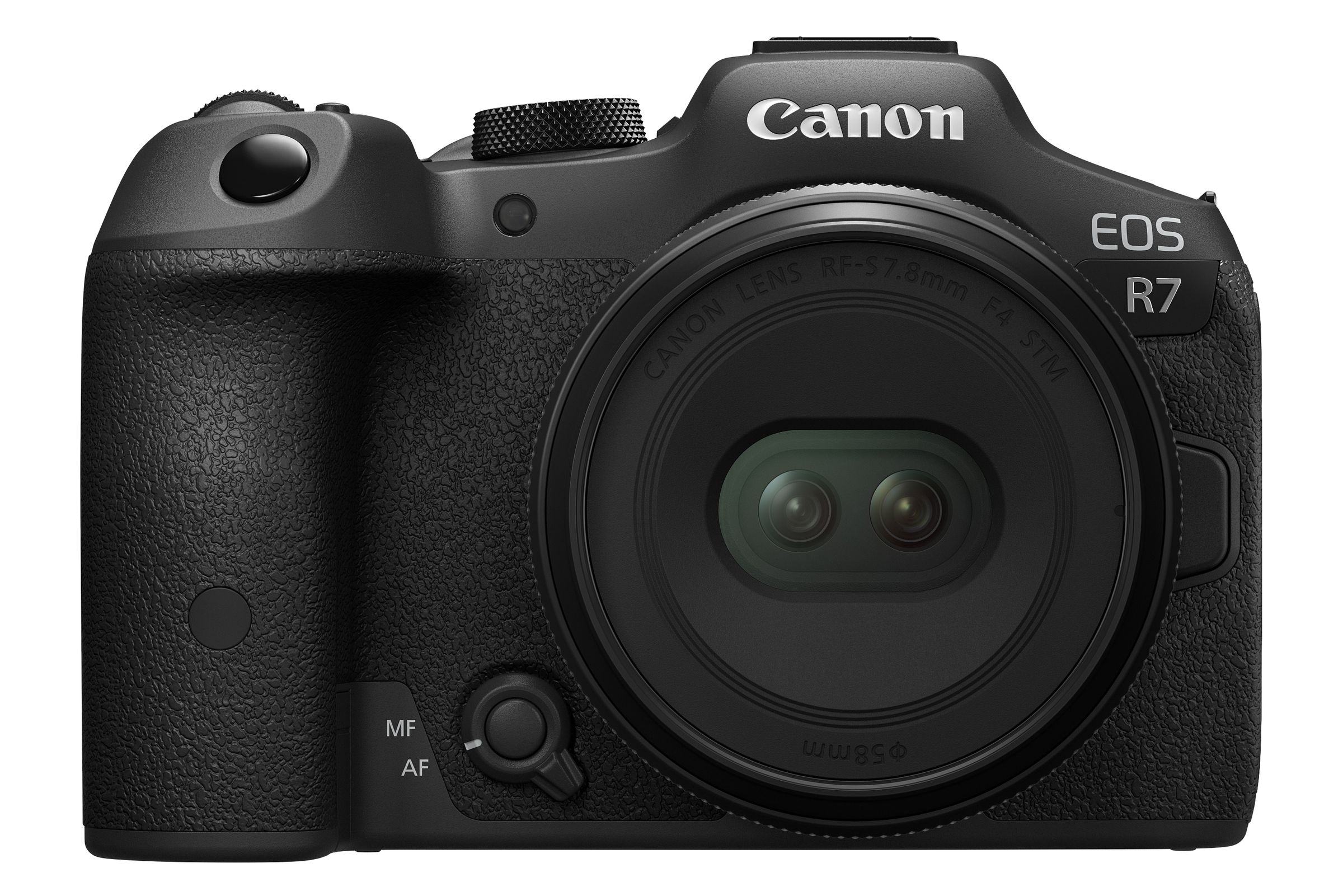 A look at the front of the Canon RF-S 7.8mm F4 STM Dual lens while it’s attached to an EOS R7 digital camera.