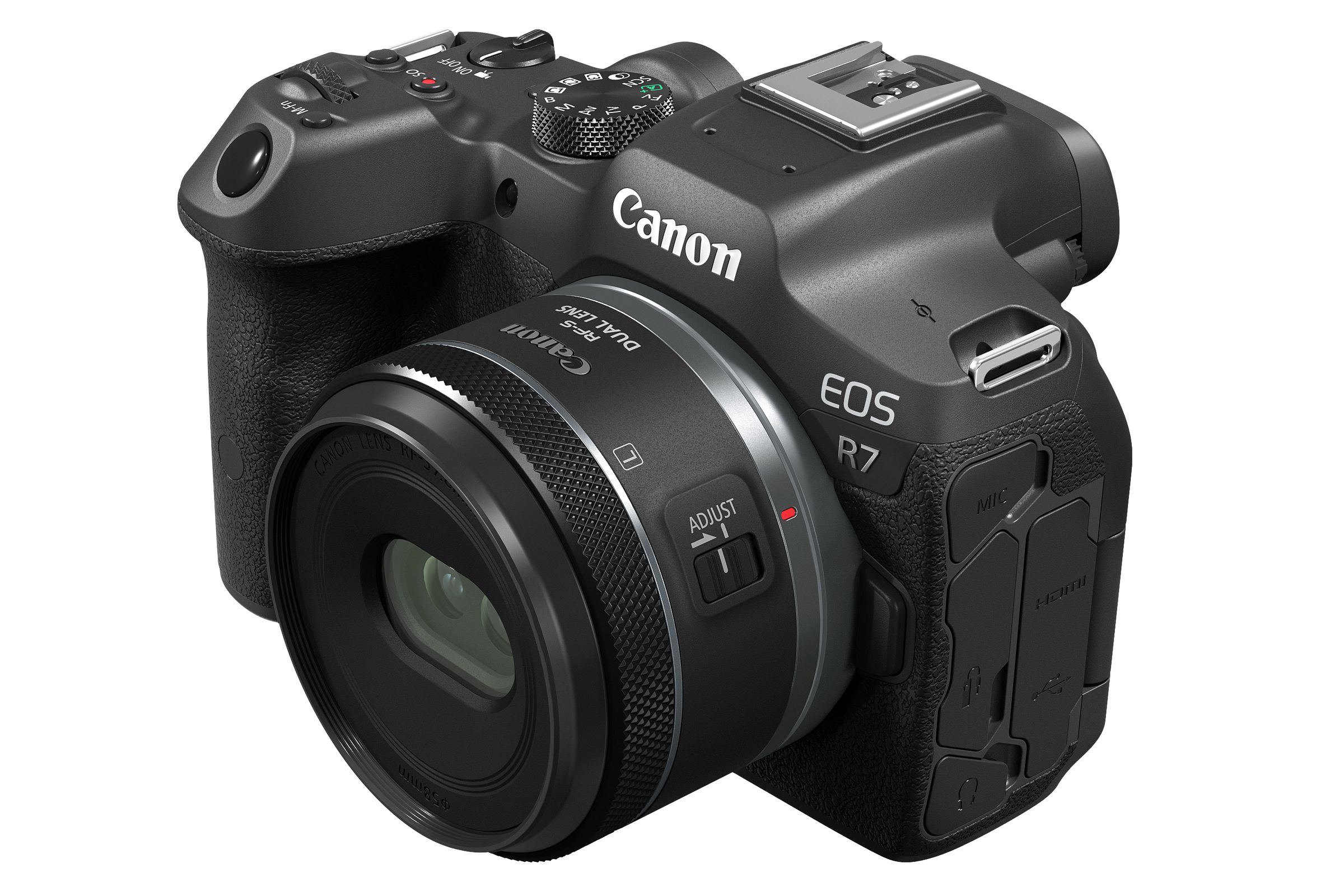 Canon’s RF-S7.8mm F4 STM DUAL lens attached to a Canon EOS R7 digital camera.