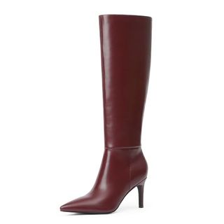 Easyfox Knee High Boots Women Pointed Toe Tall Boots 3 in Stiletto High Heel Long Boots Side Zipper Dress Knee High Boots, Burgundy, 6.5 Uk