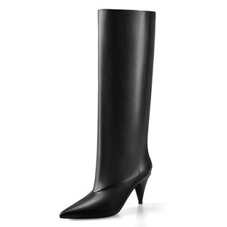 Miraazzurra Black Knee High Boots for Women Slouchy Fold Over Boots Wide Calf Cone Heel Pointed Toe Pull on Women Boots Size 6.5