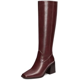 Mucccute Burgundy Knee High Boots for Women - Square Toe Chunky Block Heel Boots With Side Zipper Pull on Pu Tall Boots Us Size 11