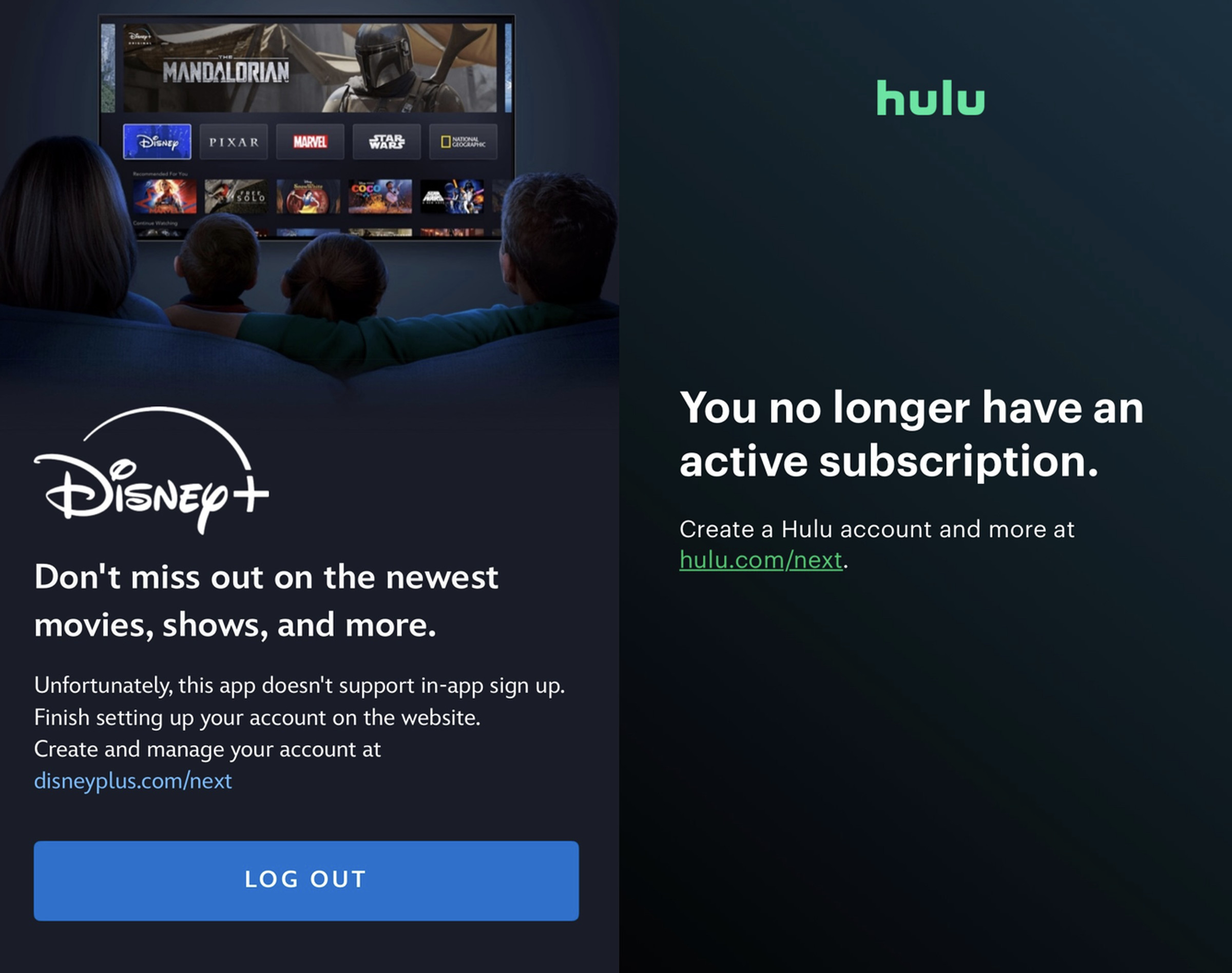 Screenshots of the iOS apps for Disney Plus and Hulu directing back to their websites.