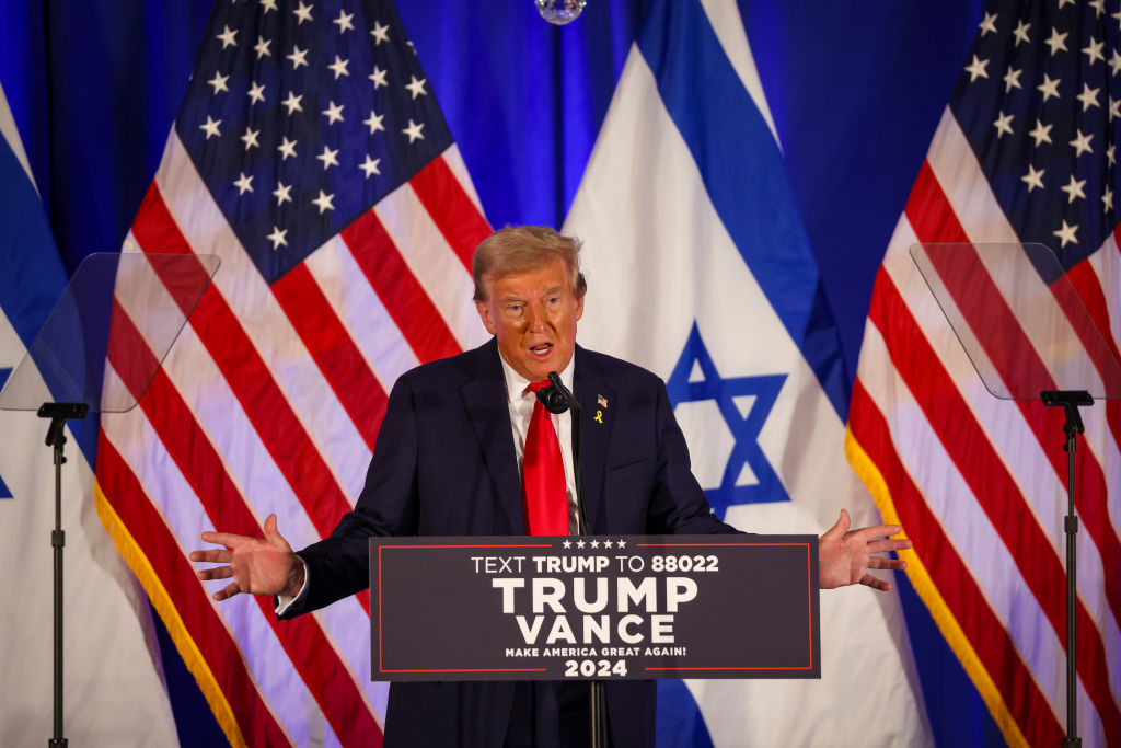 Republican presidential nominee Donald Trump gives remarks at the October 7th Remembrance Event at Trump National Doral Miami