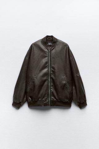 Distressed Faux Leather Oversized Bomber Jacket