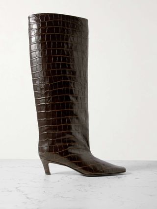 Croc-Effect Leather Knee Boots