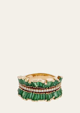 Double Ruched Ribbon Ring With Emerald and Diamonds