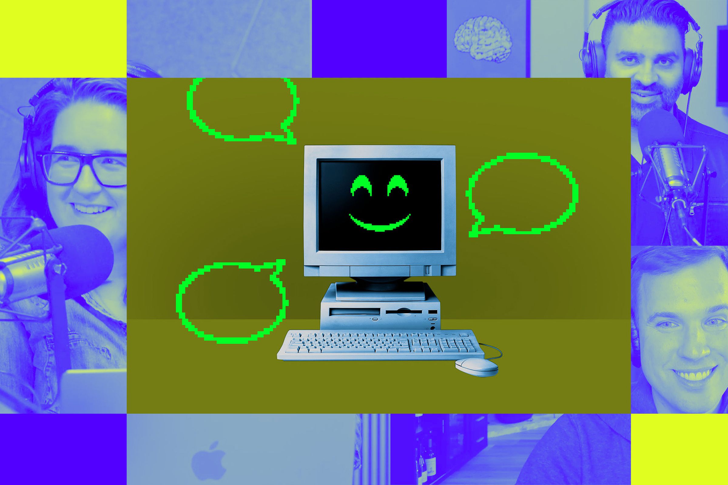 A photo of a computer with a smiling face, on a Vergecast background.