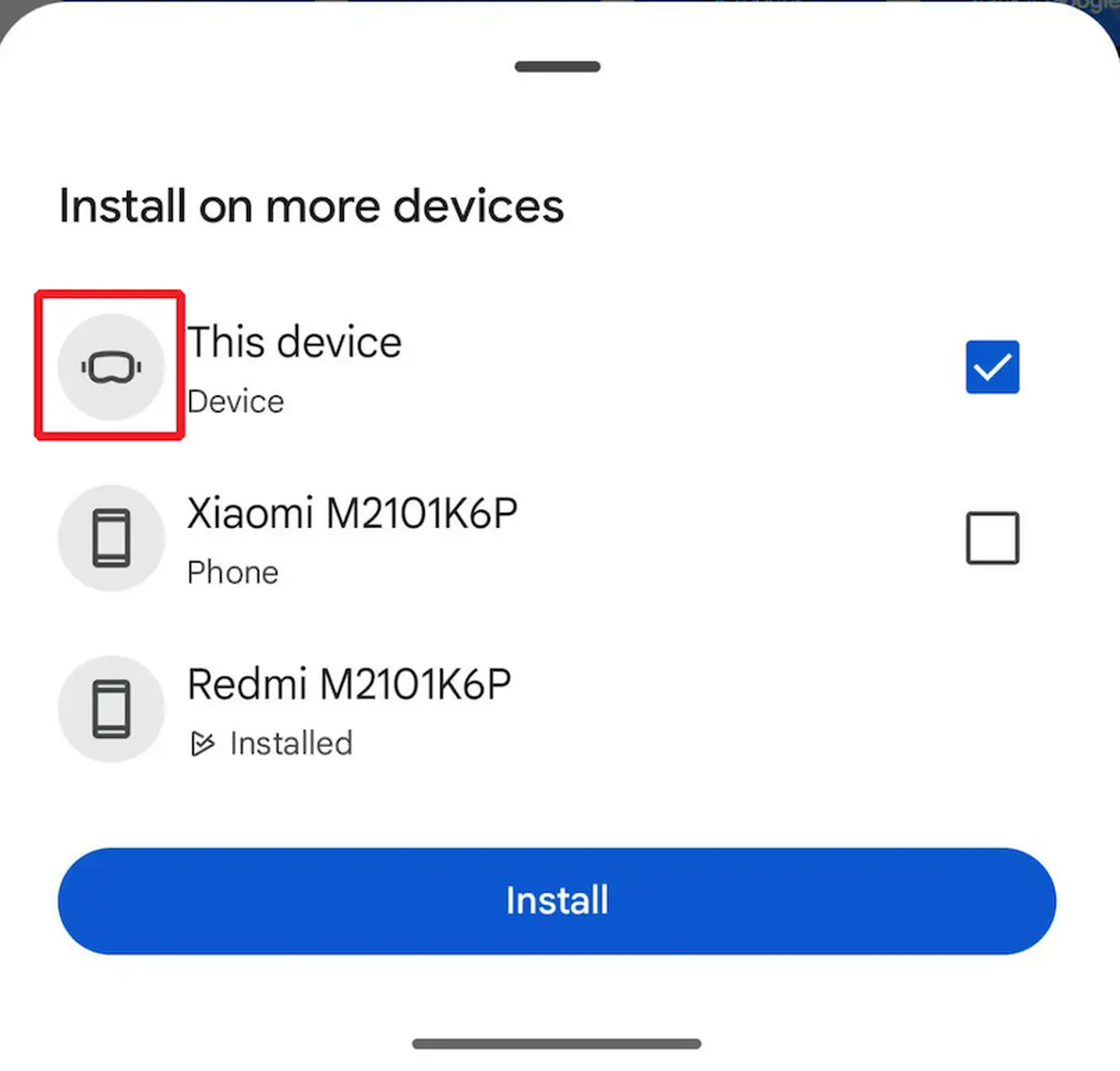 Screenshot showing Google Play’s “Install on more devices” menu, with a VR headset-looking icon.