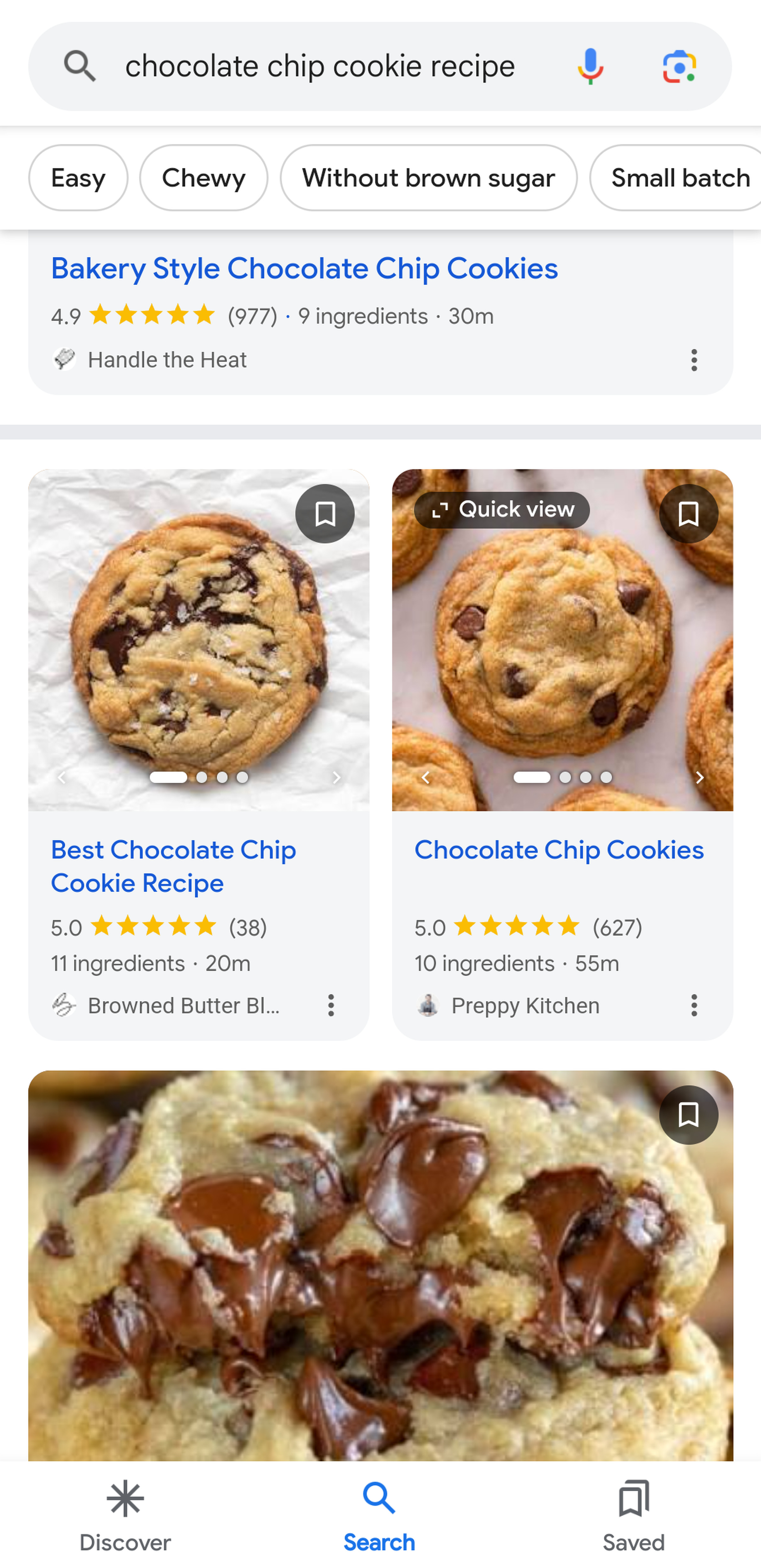 Google search for “chocolate chip cookie recipe” with one blog containing a quick view button.