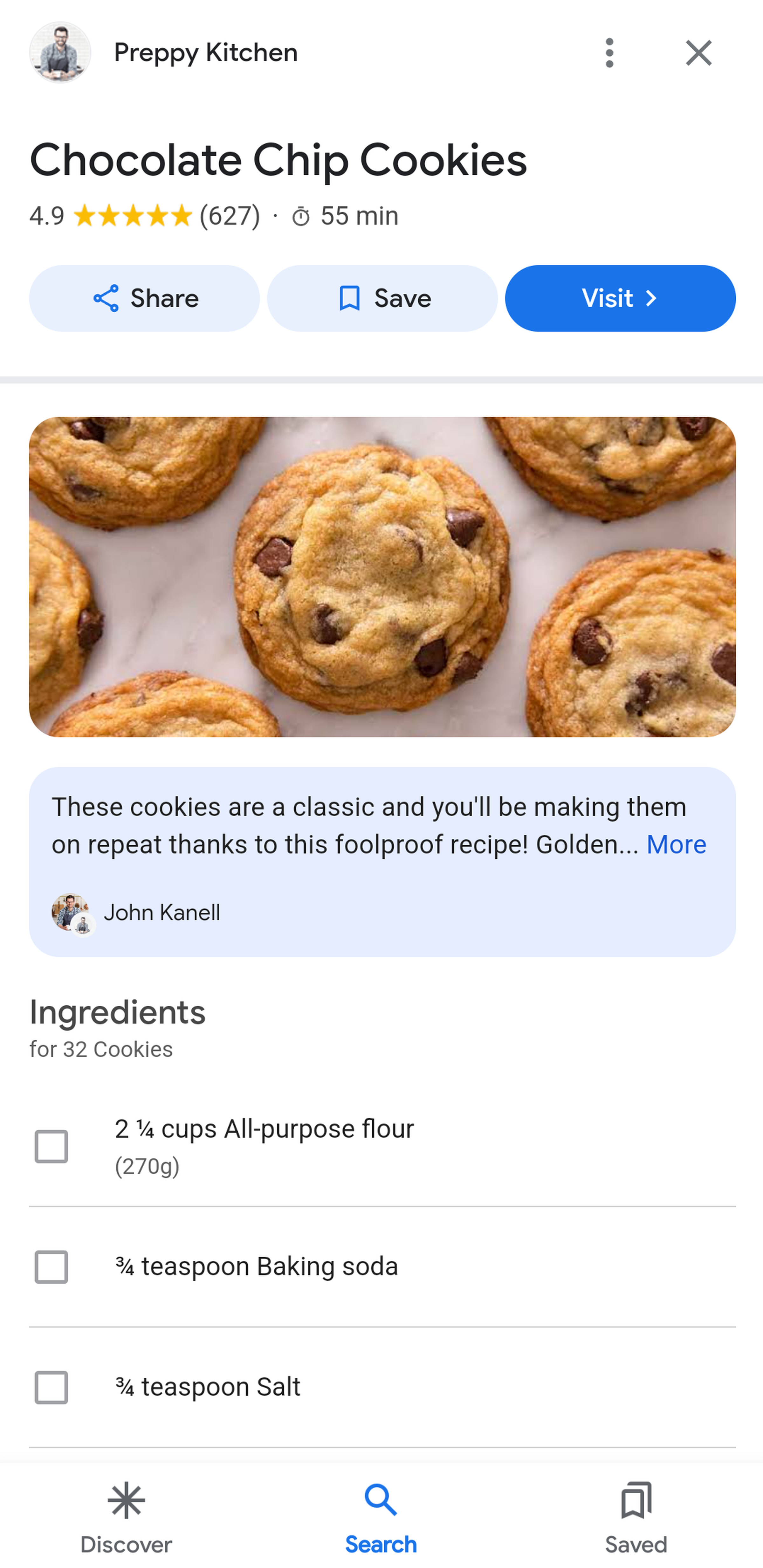 Chocolate chip cookie recipe in Google.