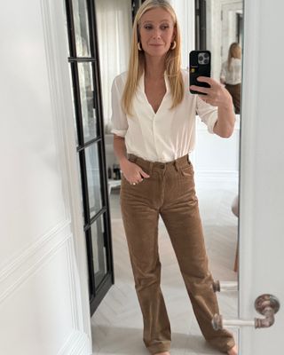 Gwyneth Paltrow wears cord jeans.