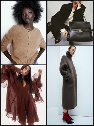 Woman in camel cardigan, woman in burgundy dress, woman with black bag, woman in brown coat