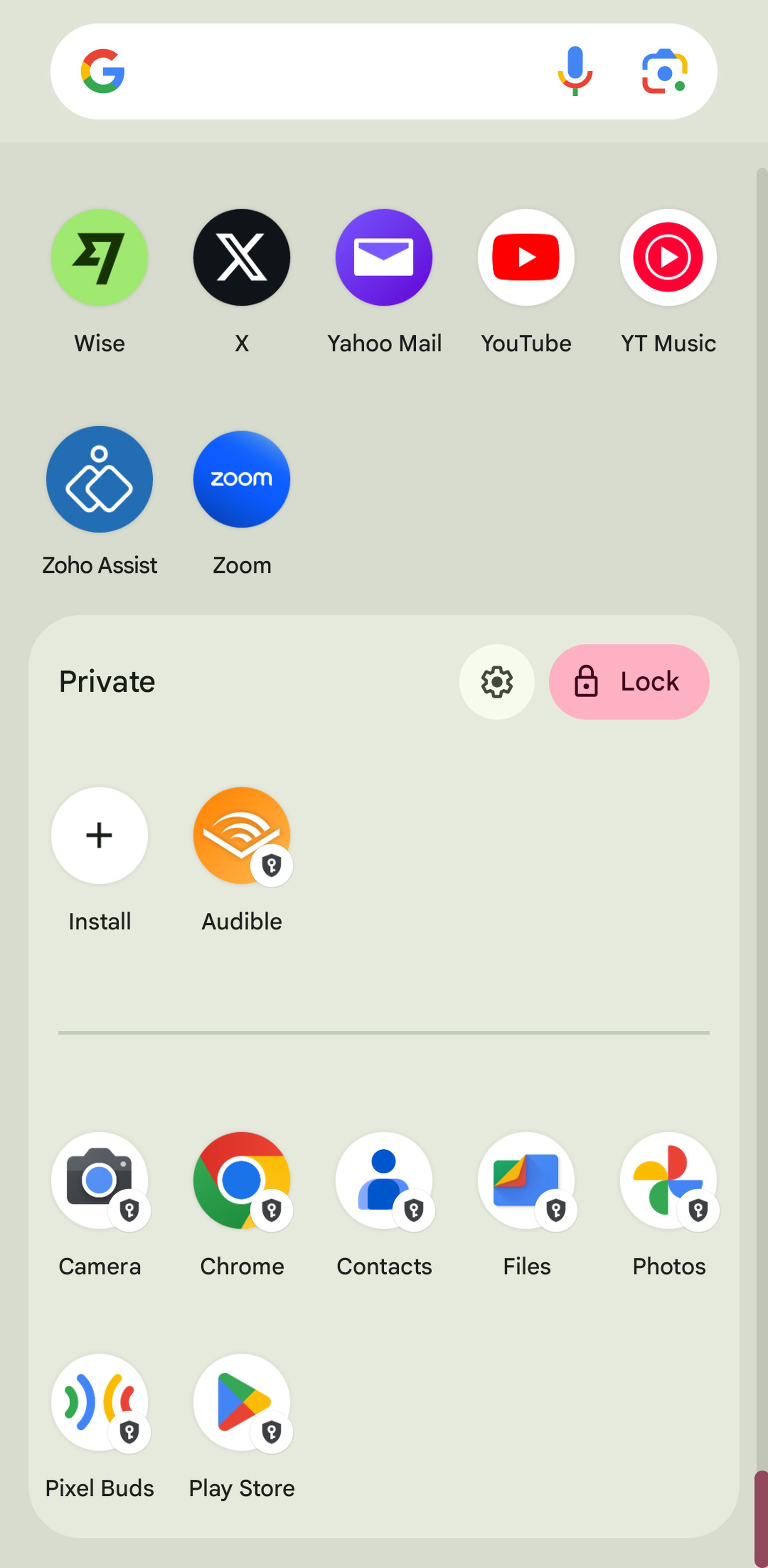 An Android app drawer with the private area at the lower half of the screen.