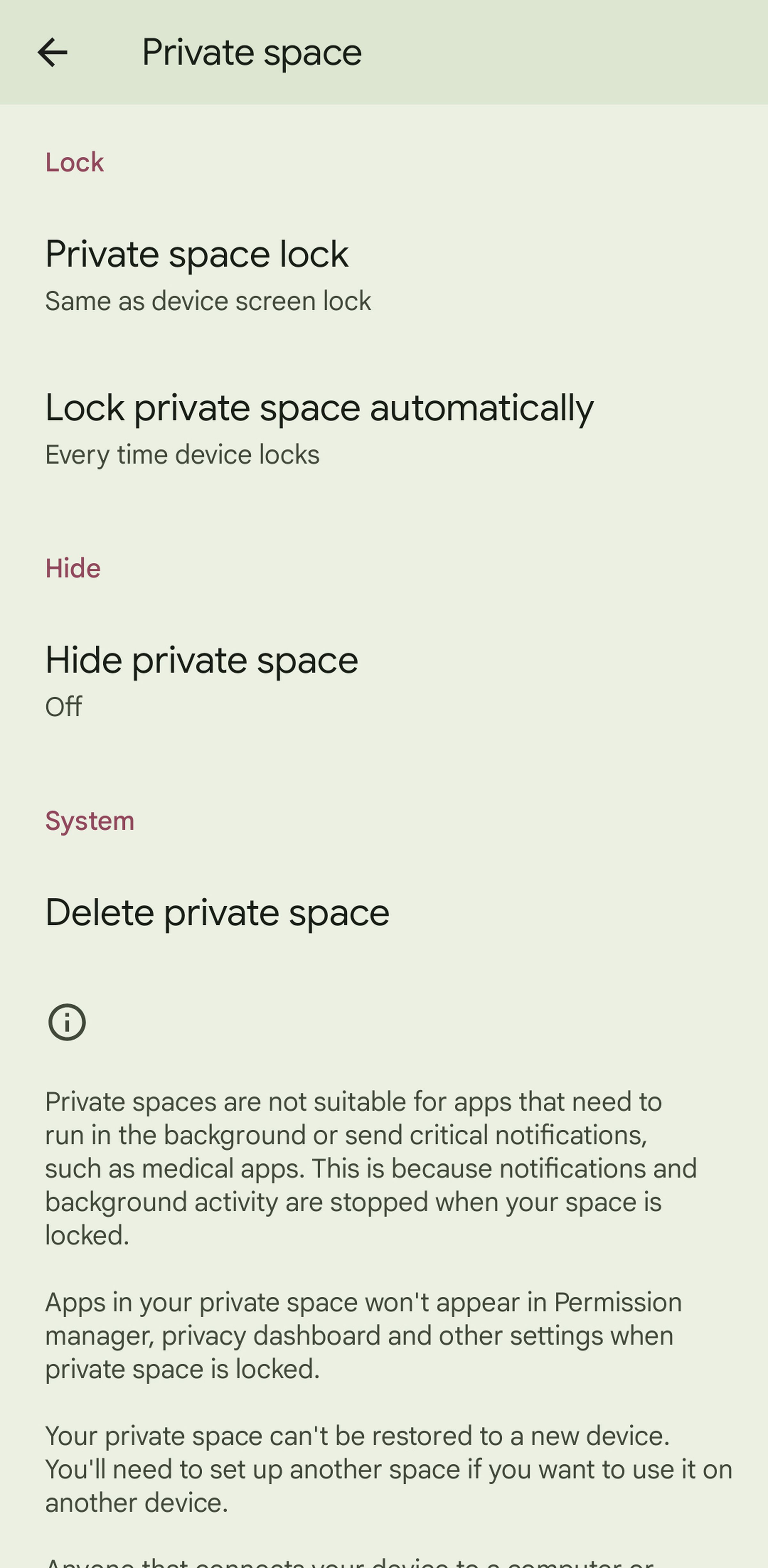 Page of private space options.