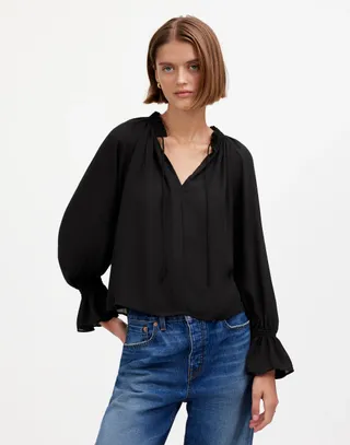 Long-Sleeve Tie-Neck Top