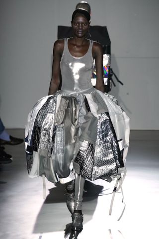 silver patchwork skirt and vest at junya watanabe paris fashion week spring summer 2025