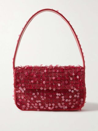 Tommy Beaded Faux Leather-Trimmed Embellished Satin Shoulder Bag