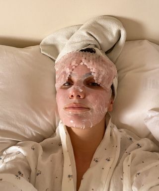 @emmahoareau wearing a sheet mask