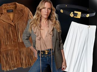 fashion collage of the Madewell and Reluxed Fashion collaboration featuring a suede fringe jacket, stylist Clare Richardson, gold studded belt, and white pleated skirt