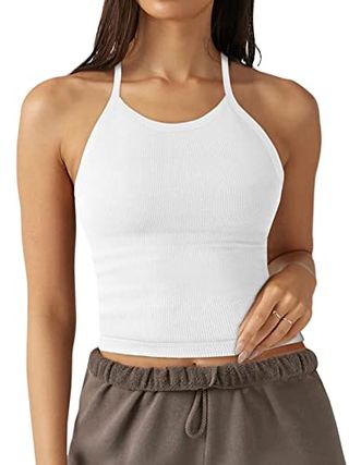 Laslulu Womens Sports Bra Halter Neck Crop Tops Seamless Casual Camisole Longline Running Athletic Bra Cropped Tops(white Medium)